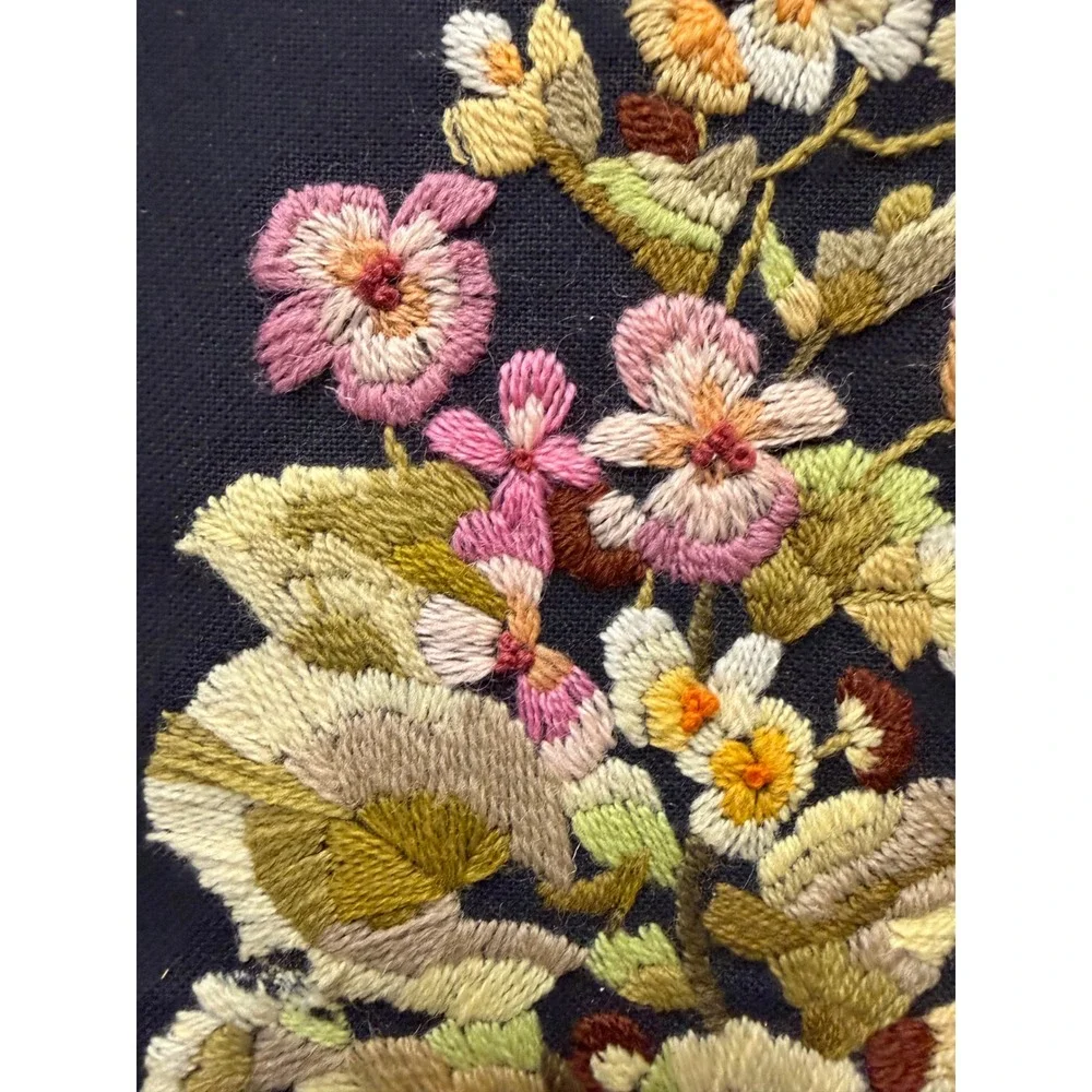 Vintage Crewel Embroidery Hummingbird Floral Wall Art Hand Stitched Textile